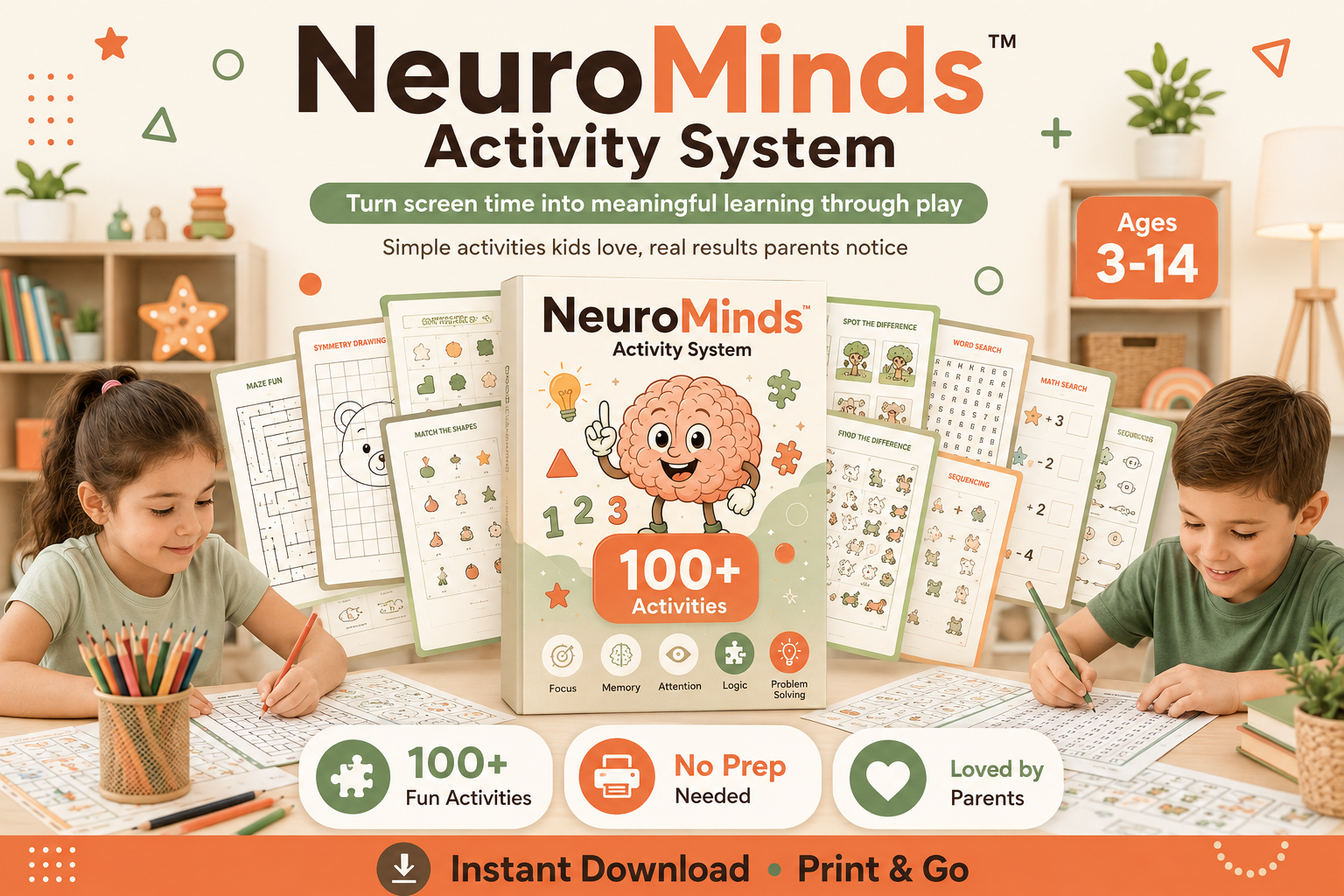 NeuroMinds Activity System preview showing 100+ printable activities for focus, memory, logic and problem solving